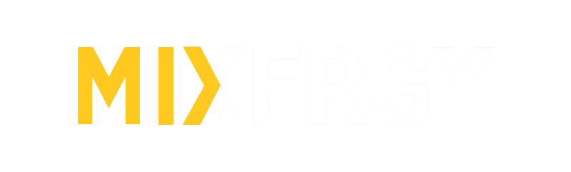 Primary Mixergy logo knockout yellow and white on transparent background